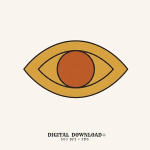 May include: A graphic illustration of an eye shape featuring a mustard yellow outline and iris with a solid burnt orange pupil. The text below reads DIGITAL DOWNLOAD 300 DPI + PNG. The design uses bold black lines to define the almond-shaped eye form.