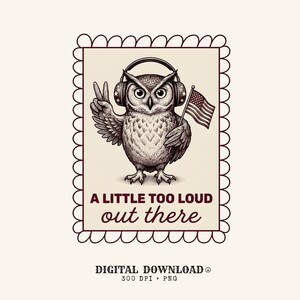 Owl Headphones PNG 4th Of July Animal Gift Vintage Digital Download Headset Printable Independence Day Fan Retro PNG Wildlife Graphic Hand