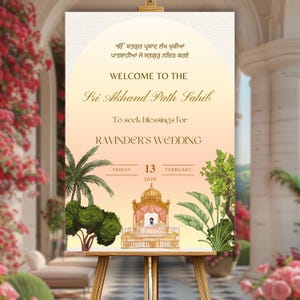 Puede incluir: Un letrero de bienvenida de boda sobre un caballete de madera. El letrero tiene texto en inglés y otro idioma, con una ilustración decorativa de un templo. La fecha es viernes 13 de febrero de 2026, para la boda de Ravinder.