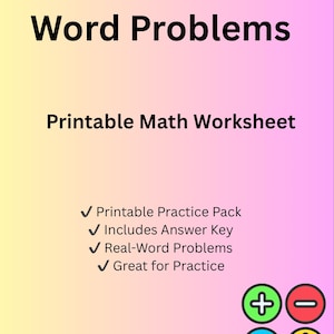 May include: A printable math worksheet titled "6th Grade Fraction Word Problems" on a gradient background. The worksheet includes a practice pack, answer key, real-world problems, and is great for practice. Math symbols are in the bottom right corner.