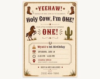 Holy Cow, I'm One! Cowboy First Birthday Invitation