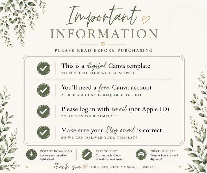 Pickle birthday invitation information slide featuring editable Canva template instructions with elegant neutral colors, sage green accents, and watercolor greenery details. Includes information about accessing the Canva template, editing text, downloading files, and printing options. Clean modern typography creates a polished Etsy listing image perfect for explaining instant download invitation customization and printable stationery access.
