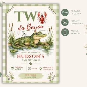 May include: A rectangular invitation card featuring a green gingham border, a watercolor illustration of a green alligator, a red crawfish, and cattails. The text reads TW da Bayou, JOIN US TO CELEBRATE HUDSON'S 2ND BIRTHDAY, SATURDAY APRIL 11, 1:00 PM, ANYWHERE ST. LAFOUCHE, LA, and RSVP TO JULIE 123-456-7890.