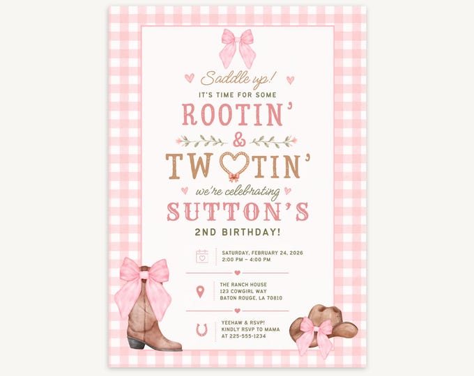 Rootin' & Two-Tin' Birthday Invitation - Pink