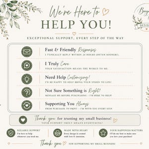 Helpful information Etsy listing slide featuring frequently asked questions and customer support details for editable pickle birthday invitation templates. Elegant neutral design with sage green icons and watercolor greenery accents explains Canva access, editing tips, printing recommendations, and download assistance. Clean modern typography creates a polished Etsy listing image for printable invitation support and customization guidance.