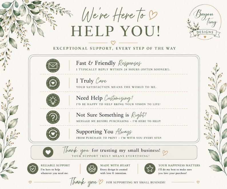 Helpful information Etsy listing slide featuring frequently asked questions and customer support details for editable pickle birthday invitation templates. Elegant neutral design with sage green icons and watercolor greenery accents explains Canva access, editing tips, printing recommendations, and download assistance. Clean modern typography creates a polished Etsy listing image for printable invitation support and customization guidance.