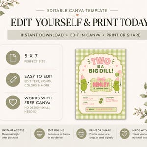 Editable pickle birthday invitation mockup featuring playful pickle graphics, pastel green colors, bows, gingham details, and fun typography with whimsical party styling. Slide highlights invitation size, instant download access, and editable Canva features for easy personalization. Neutral Etsy listing layout with botanical details creates a polished presentation perfect for pickle birthday parties and fun toddler celebrations.