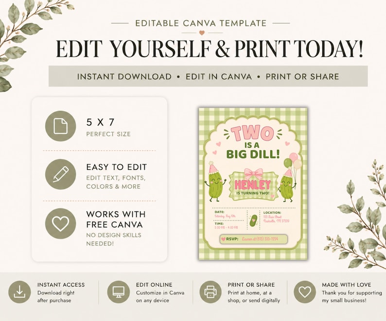 Editable pickle birthday invitation mockup featuring playful pickle graphics, pastel green colors, bows, gingham details, and fun typography with whimsical party styling. Slide highlights invitation size, instant download access, and editable Canva features for easy personalization. Neutral Etsy listing layout with botanical details creates a polished presentation perfect for pickle birthday parties and fun toddler celebrations.