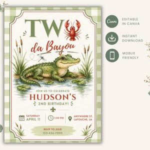 Two Da Bayou Second Birthday Invitation, Louisiana Alligator Party, Editable 5x7 Canva Template, Printable Digital Invite