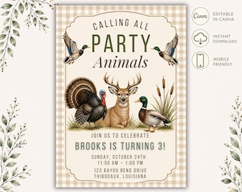 Woodland Birthday Invitation • Calling All Party Animals • Editable Canva Party Invite • Printable Birthday Template