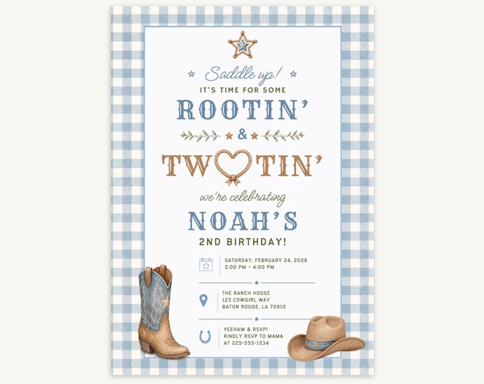 Rootin' & Two-Tin' Birthday Invitation - Blue