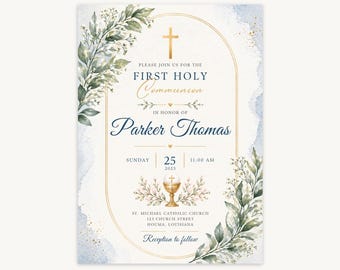 Blue Botanical First Holy Communion Invitation