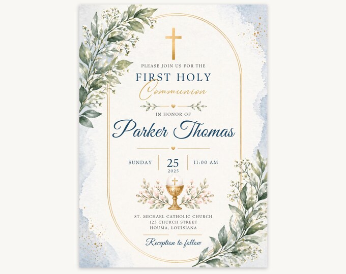 Blue Botanical First Holy Communion Invitation