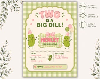 Two is a Big Dill Birthday Invitation • Editable Canva Party Invite • Printable Birthday Template