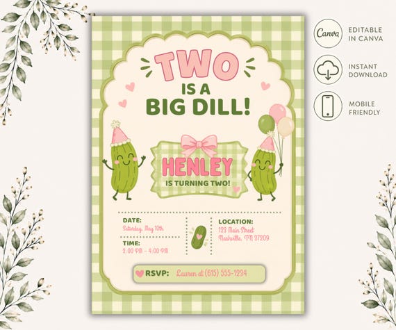 Two is a Big Dill Birthday Invitation • Editable Canva Party Invite • Printable Birthday Template