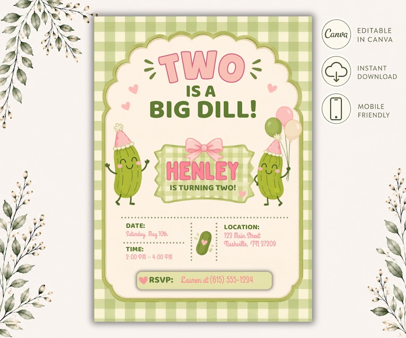 Editable pickle birthday invitation template featuring playful pickles, gingham patterns, pastel green colors, bows, and fun “Two Big Dill” typography. Invitation includes customizable birthday information perfect for second birthdays, pickle-themed parties, toddler celebrations, girls birthdays, and playful food-inspired events. Cute modern design creates a whimsical party aesthetic. Instant download Canva template designed for easy editing, printing, texting, or sharing digitally.