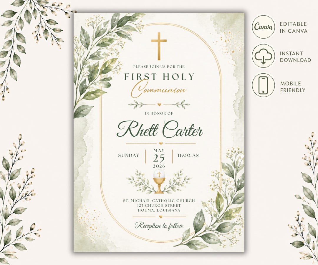 First Communion Invitation Template • Editable Canva Invite • Green ...