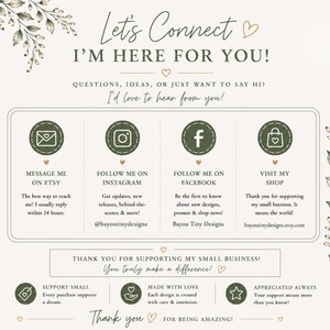 Customer support Etsy listing slide featuring elegant neutral tones, sage green accents, watercolor greenery, and modern typography. Highlights friendly customer service, instant download access, Canva editing support, and help with printable party templates and decor. Coordinating icons and clean professional design create a polished Etsy listing image perfect for building trust and showcasing personalized customer care.