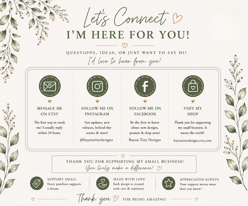 Customer support Etsy listing slide featuring elegant neutral tones, sage green accents, watercolor greenery, and modern typography. Highlights friendly customer service, instant download access, Canva editing support, and help with printable party templates and decor. Coordinating icons and clean professional design create a polished Etsy listing image perfect for building trust and showcasing personalized customer care.