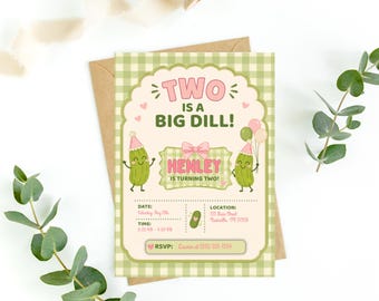 Two Is a Big Dill Birthday Invitation • Pickle Party Invite • Editable Canva Template • Instant Download