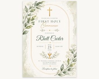 Sage Green Botanical First Holy Communion Invitation