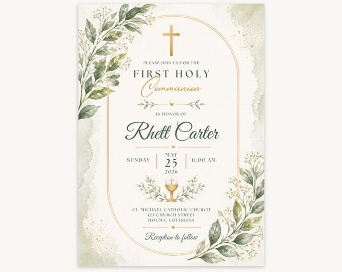 Sage Green Botanical First Holy Communion Invitation