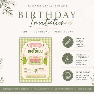 Editable pickle birthday invitation Etsy listing slide featuring elegant neutral backgrounds, sage green accents, and watercolor greenery details. Includes editable Canva access, printable invitation files, instant download information, and customization features. Invitation preview displayed with playful pickle graphics, gingham details, bows, and pastel green party colors. Clean and professional Etsy listing image designed to showcase printable birthday invitations and customizable stationery.