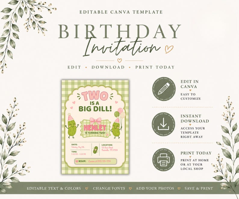 Editable pickle birthday invitation Etsy listing slide featuring elegant neutral backgrounds, sage green accents, and watercolor greenery details. Includes editable Canva access, printable invitation files, instant download information, and customization features. Invitation preview displayed with playful pickle graphics, gingham details, bows, and pastel green party colors. Clean and professional Etsy listing image designed to showcase printable birthday invitations and customizable stationery.