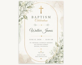 Sage Green Botanical Baptism Invitation