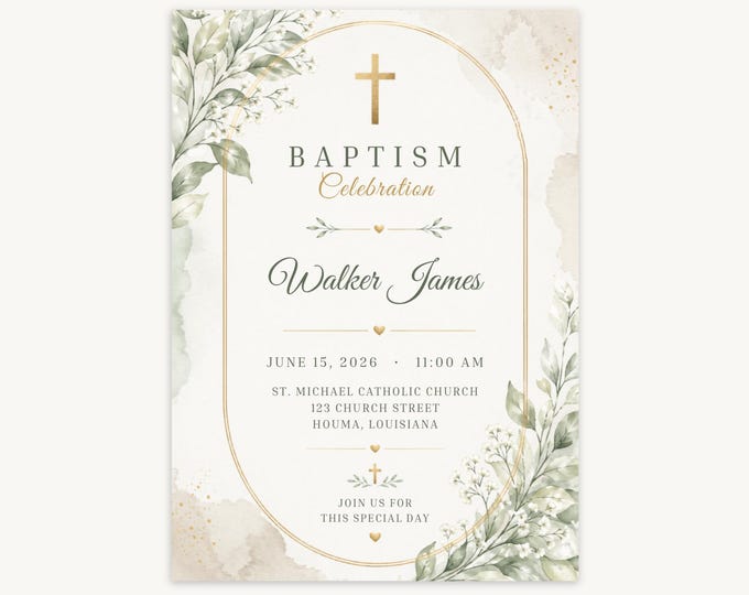 Sage Green Botanical Baptism Invitation