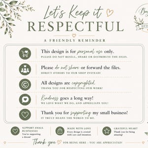 Respectful use policy Etsy listing slide featuring elegant neutral backgrounds, sage green accents, and watercolor greenery details. Includes important information about personal use, template sharing restrictions, resale limitations, and digital download policies for editable Canva pickle birthday invitation templates. Clean modern typography and decorative icons create a polished professional Etsy listing image.