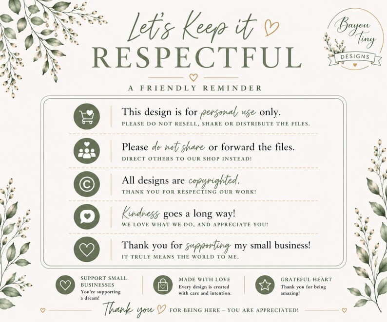 Respectful use policy Etsy listing slide featuring elegant neutral backgrounds, sage green accents, and watercolor greenery details. Includes important information about personal use, template sharing restrictions, resale limitations, and digital download policies for editable Canva pickle birthday invitation templates. Clean modern typography and decorative icons create a polished professional Etsy listing image.