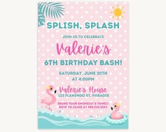 Flamingo Birthday Pool Party Birthday Invitation