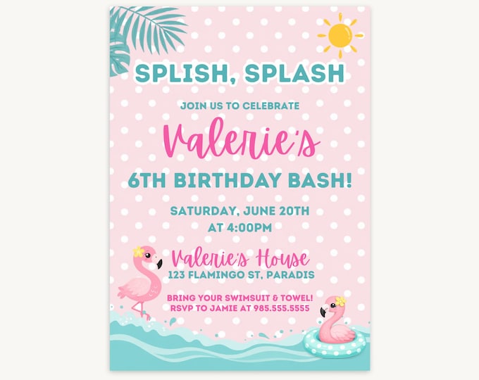 Flamingo Birthday Pool Party Birthday Invitation