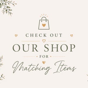 Matching items Etsy listing slide featuring elegant neutral tones, sage green accents, watercolor greenery, and modern typography. Slide encourages customers to browse coordinating pickle birthday party decorations, invitations, welcome signs, banners, and printable templates available in the shop. Clean professional Etsy listing design styled with soft botanical details and playful pickle party branding.