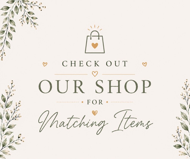Matching items Etsy listing slide featuring elegant neutral tones, sage green accents, watercolor greenery, and modern typography. Slide encourages customers to browse coordinating pickle birthday party decorations, invitations, welcome signs, banners, and printable templates available in the shop. Clean professional Etsy listing design styled with soft botanical details and playful pickle party branding.