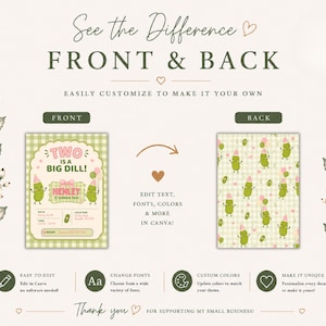 Front and back pickle birthday invitation template showcase featuring coordinating pickle-themed designs with a matching playful pickle pattern background. Pickle graphics, bows, gingham details, and pastel party colors create a cohesive birthday celebration aesthetic. Etsy listing slide includes front invitation preview and decorative back design perfect for double-sided printing and Canva editing.