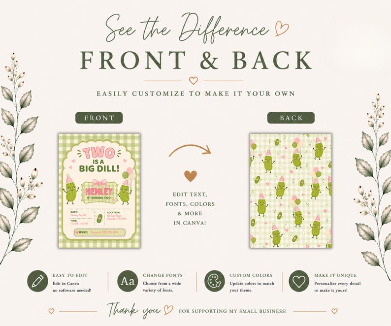 Front and back pickle birthday invitation template showcase featuring coordinating pickle-themed designs with a matching playful pickle pattern background. Pickle graphics, bows, gingham details, and pastel party colors create a cohesive birthday celebration aesthetic. Etsy listing slide includes front invitation preview and decorative back design perfect for double-sided printing and Canva editing.