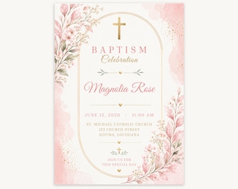 Pink Botanical Baptism Invitation
