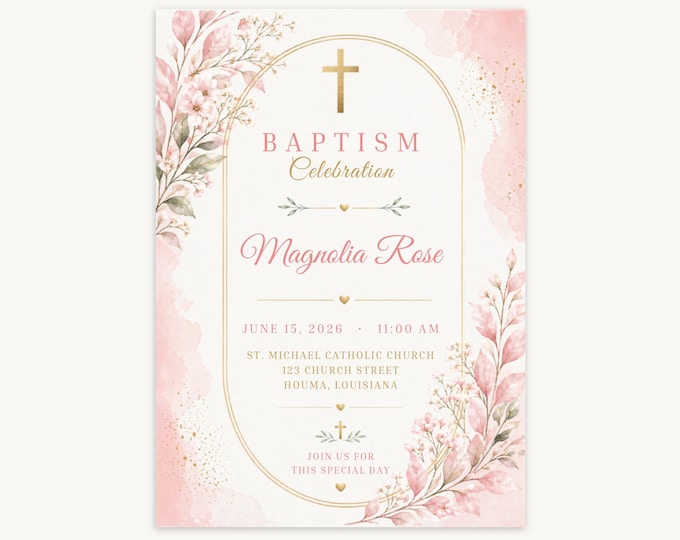 Pink Botanical Baptism Invitation