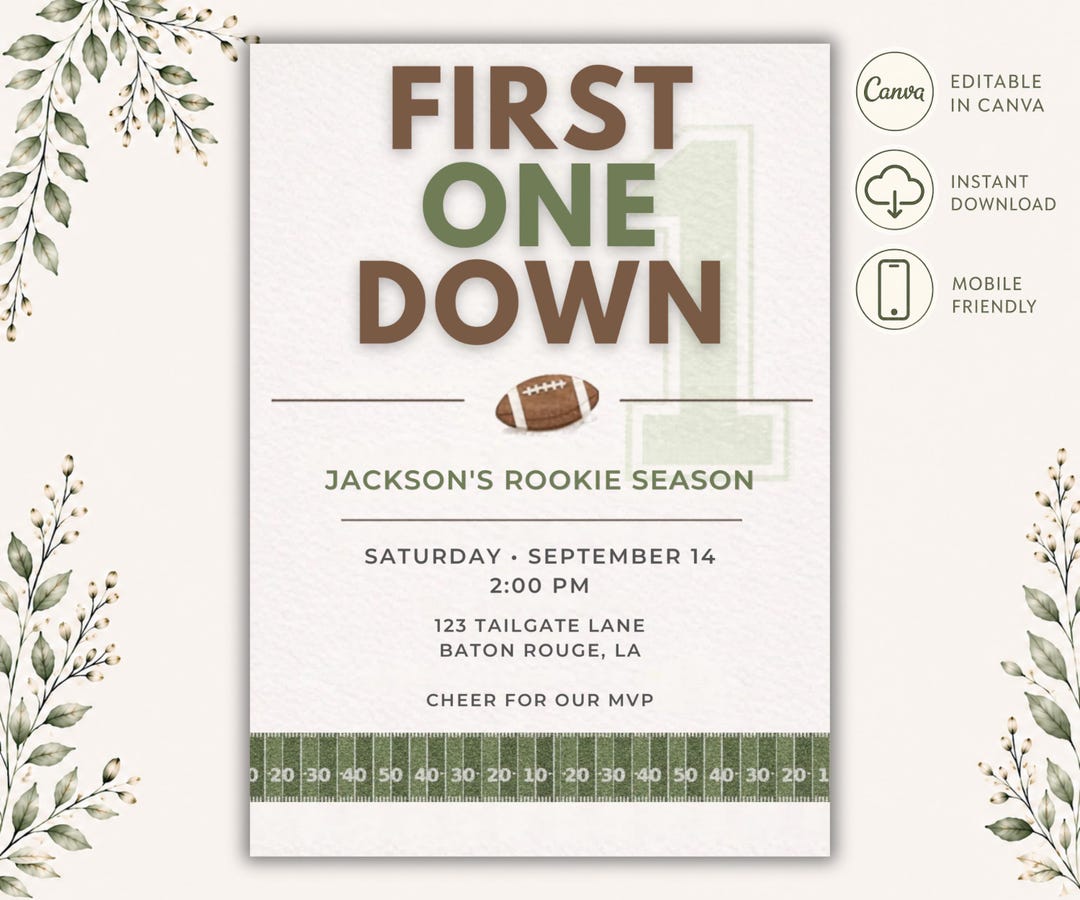 First One Down Football Invitation Template • Editable Rookie Season ...