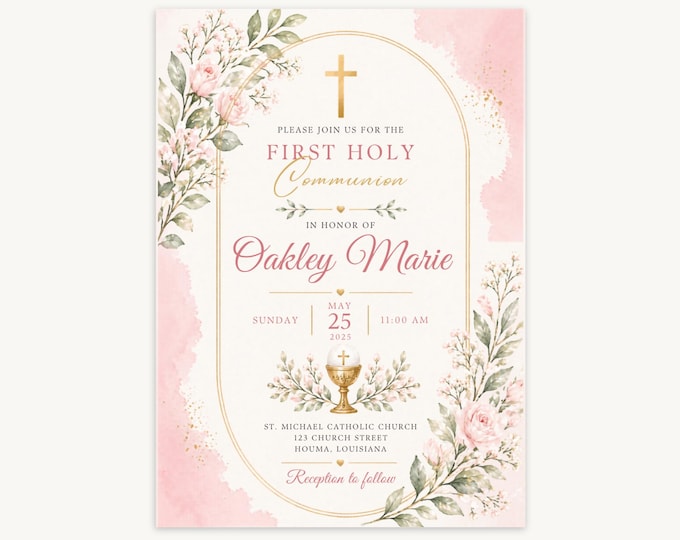 Pink Botanical First Holy Communion Invitation