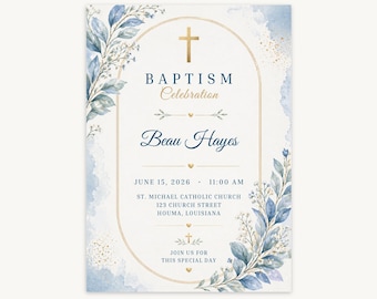 Blue Botanical Baptism Invitation
