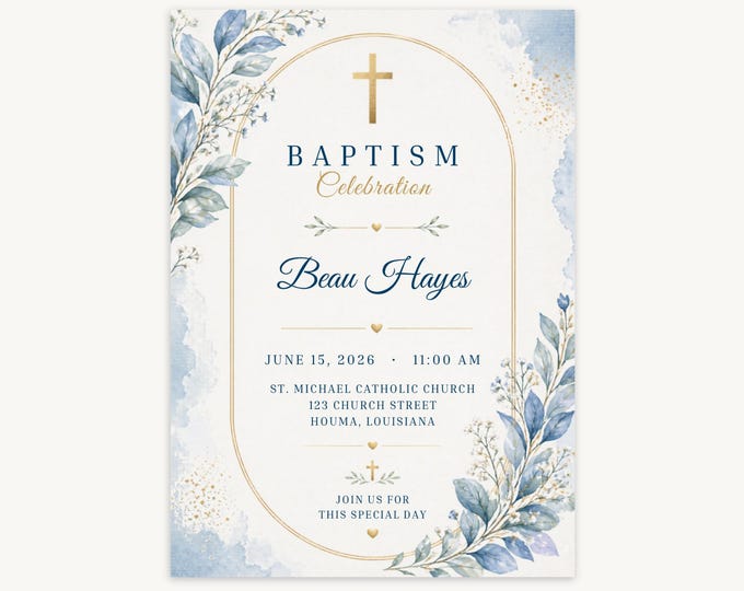 Blue Botanical Baptism Invitation