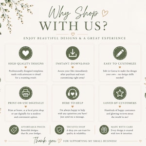 Why shop with us Etsy listing slide featuring elegant neutral tones, sage green accents, watercolor greenery, and professional branding elements. Highlights benefits such as instant download access, easy Canva editing, high-quality printable files, customer support, and stylish party designs. Coordinating icons and clean typography create a polished Etsy listing image perfect for whimsical printable party decor.