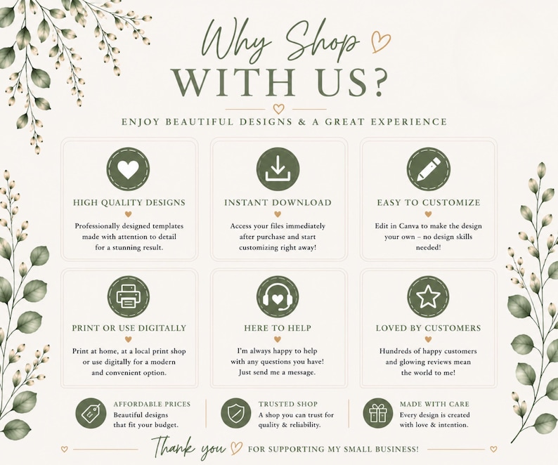 Why shop with us Etsy listing slide featuring elegant neutral tones, sage green accents, watercolor greenery, and professional branding elements. Highlights benefits such as instant download access, easy Canva editing, high-quality printable files, customer support, and stylish party designs. Coordinating icons and clean typography create a polished Etsy listing image perfect for whimsical printable party decor.