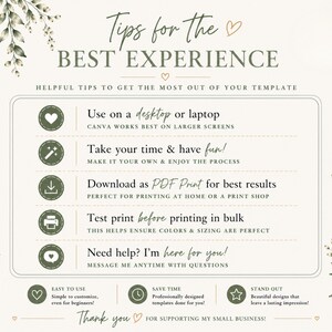 Best experience tips slide for editable pickle birthday invitation templates featuring elegant neutral backgrounds, sage green accents, and clean modern typography. Includes recommendations for desktop editing, saving progress, downloading high-quality files, testing prints, and using Canva for best results. Coordinating icons and watercolor greenery create a polished professional Etsy listing image.