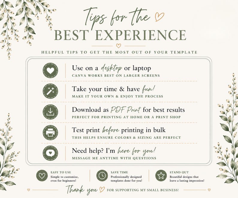 Best experience tips slide for editable pickle birthday invitation templates featuring elegant neutral backgrounds, sage green accents, and clean modern typography. Includes recommendations for desktop editing, saving progress, downloading high-quality files, testing prints, and using Canva for best results. Coordinating icons and watercolor greenery create a polished professional Etsy listing image.