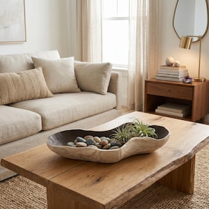 Puede incluir: Una mesa de centro de madera con un diseño de borde vivo. Un cuenco de madera grande, de forma orgánica, sobre la mesa contiene pequeñas piedras y plantas aéreas. Un sofá beige y una mesa auxiliar con una lámpara están en el fondo.