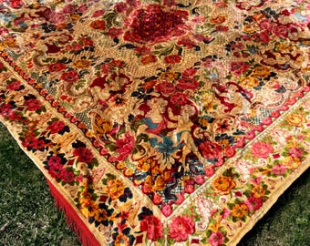 Dywan gobelinowy z włoskiego aksamitu w stylu vintage, 96x87 cm, duży kwiatowy wzór z aniołkiem | Modny styl boho i cottagecore